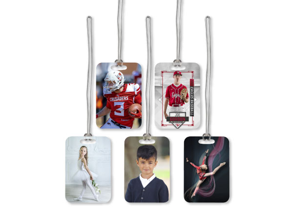 5 Metal Bag Tags featuring various images.