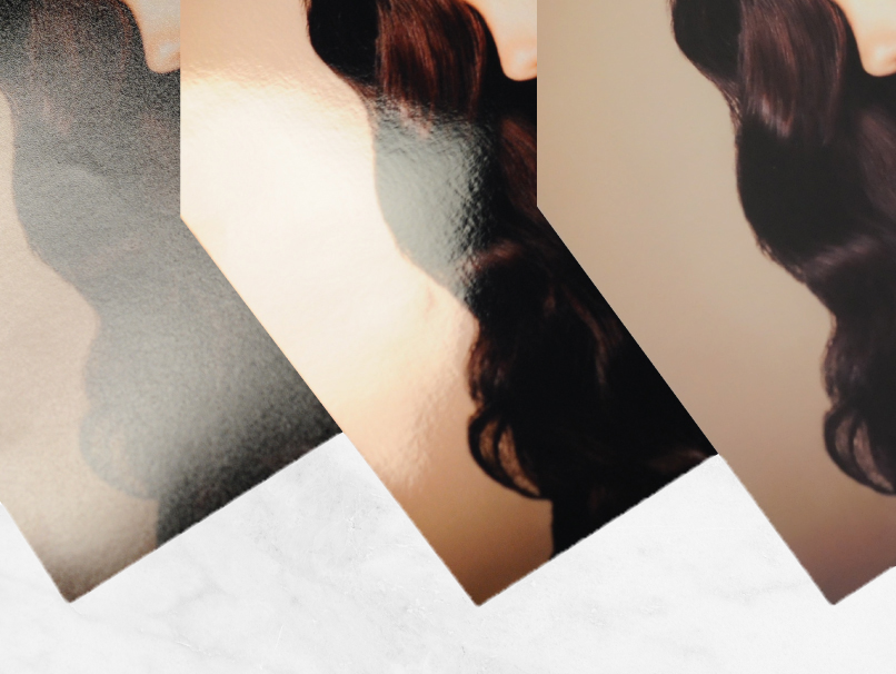 3 images of Woman with Long Dark Brown Curly Hair on 3 Different Paper Types; Luster, Metallic & Deep Matte