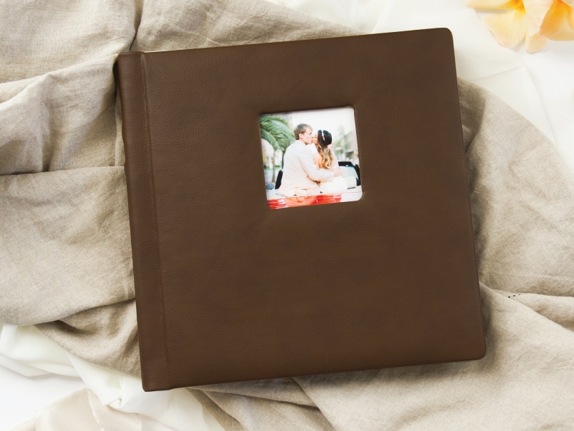 Brown Leather Tuscany Album with Cameo of Bride & Groom Kissing in a Car