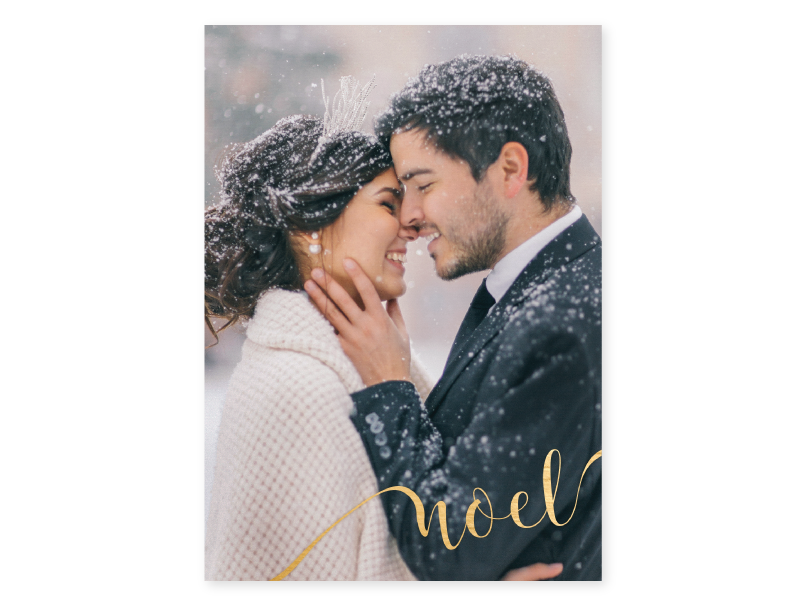 Holiday Card with Bride & Groom in snow with Noel gold foil stamp