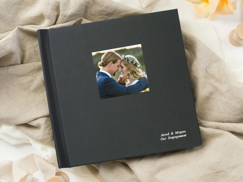 Black Vegan Leather Heritage Wedding Album with Camo of Married couple & Cover Embossing in Silver