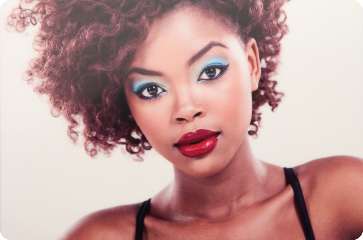 Woman with Blue Eye Shadow & Red Lipstick Printed on Mid Gloss Metal Surface