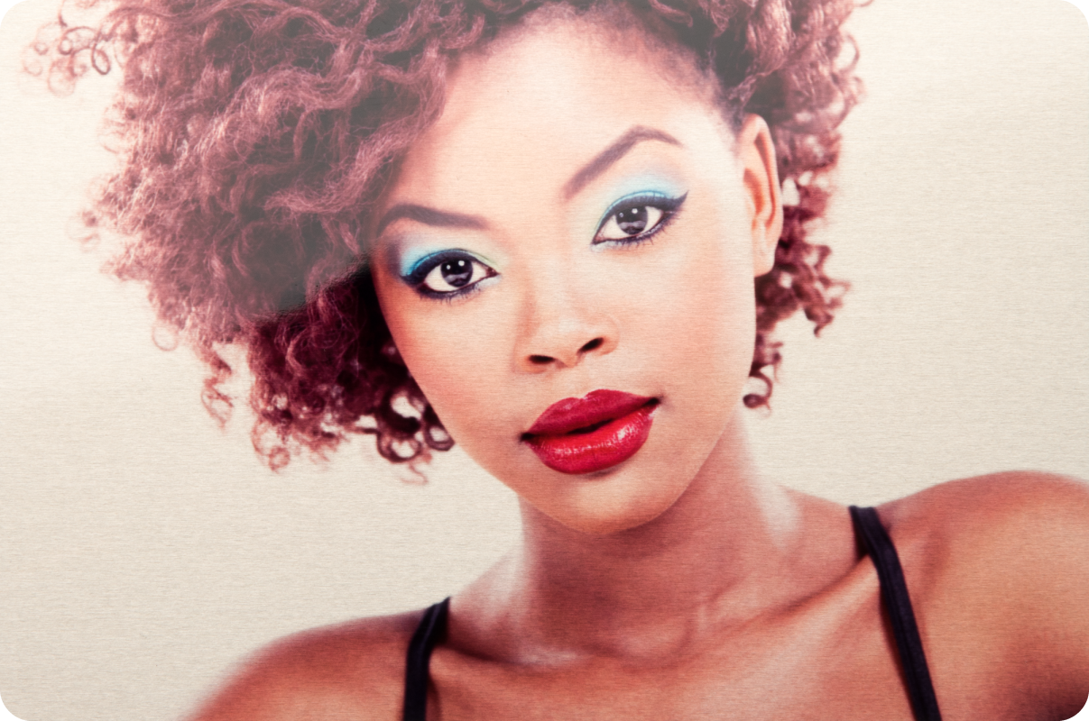 Woman with Blue Eye Shadow & Red Lipstick Printed on Sheer - Glossy Metal Surface