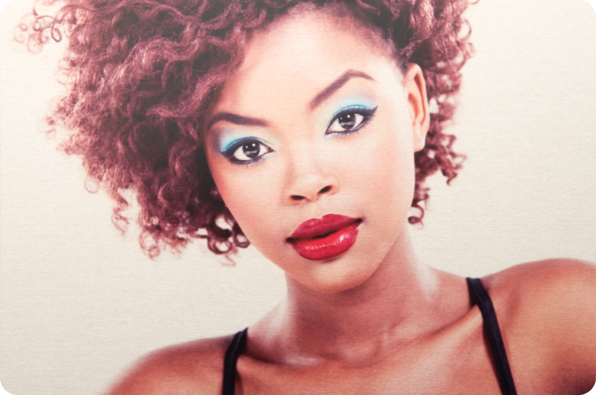 Woman with Blue Eye Shadow & Red Lipstick Printed on Sheer - Matte Metal Surface